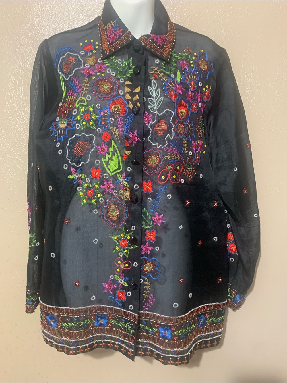 Sandy Starkman size M Embroidered Black Floral Sheer Button-Up Top